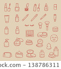 A set of hand-drawn makeup and beauty icons on a beige background. Cosmetics outline drawings, line clip art, and symbols. Vector illustration. Vector. 138786311