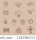 A set of hand-drawn circus-themed icons. Circus outline drawings, line symbols, and clip art. Vector illustration on a beige background. 138786313