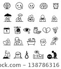 A set of outline icons on mental health topics related to depression. A collection of linear icons. 138786316