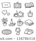 Cozy home set of doodle cartoon icons. Vector illustration elements of home accessories, comfort and everyday life. 138786318