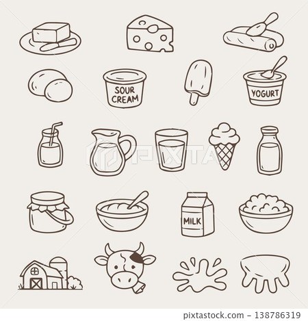 Hand drawn set of Milk and Dairy Products doodle. Farm food: cheese, butter, yogurt, milk, ice cream, cottage cheese in sketch style. Vector illustration isolated on white background. Hand drawn set of Milk and Dairy Products doodle. Farm food: cheese, butter, yogurt, milk, ice cream, cottage cheese in sketch style. Vector illustration isolated on white background. 138786319