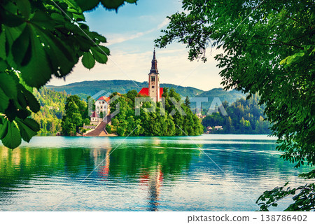 Lake Bled, Slovenia in spring with leaves frame 138786402