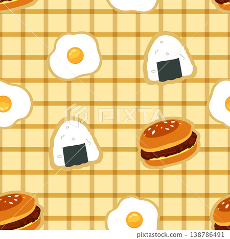 kawaii food seamless pattern with burger fried egg and rice ball japanese style background for textile and surface design kawaii food seamless pattern with burger fried egg and rice ball japanese style background for textile and surface design 138786491