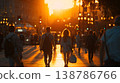 People Walking in City at Sunset, Urban Lifestyle and Evening Street Scene 138786766