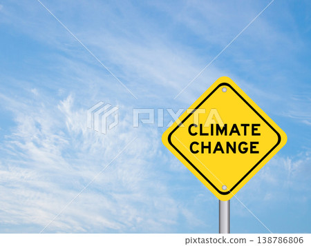Yellow transportation sign with word climate change on blue color sky background 138786806
