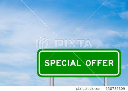 Green color transportation sign with word special offer on blue sky with white cloud background 138786809