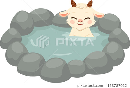 cute cartoon goat in hot spring onsen relaxing animal illustration with japanese spa theme 138787012