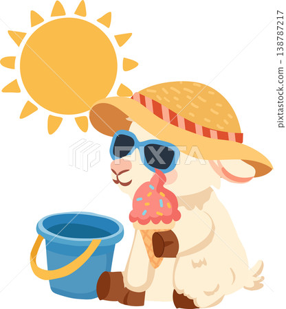 summer cute lamb cartoon with sunglasses eating ice cream on beach illustration 138787217