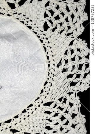Close up of vintage lace fabric white on black background embroidery Close up of vintage lace fabric white on black background embroidery 138787282