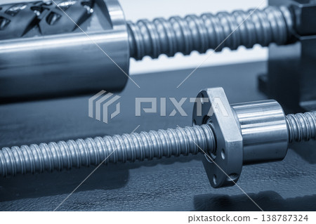 Close-up of a precision ball screw set and bearing assembly for industrial linear motion systems. Close-up of a precision ball screw set and bearing assembly for industrial linear motion systems. 138787324