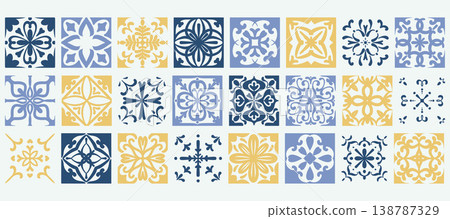 Blue Mediterranean ceramic tile collection with ornate mosaic patterns. Italian designs with floral motifs for decorative walls and traditional interiors. Vector illustration 138787329
