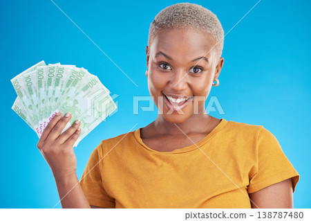 Black woman, money fan and finance, portrait and happy with prize, loan and dollars isolated on blue background. Cash, cashback and lottery win with payment, financial freedom and bills in studio Black woman, money fan and finance, portrait and happy with prize, loan and dollars isolated on blue background. Cash, cashback and lottery win with payment, financial freedom and bills in studio 138787480
