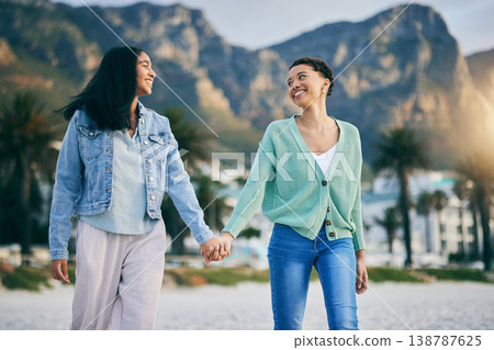Holding hands, gay couple and women friends outdoor with trust, freedom and pride on travel. LGBTQ or lesbian people in nature for walk, romantic date and commitment to happy partner in South Africa 138787625