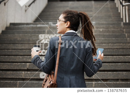 Stairs, city and back of business woman, agent or consultant looking at direction, arrive at work or company steps. Commute journey, morning coffee and corporate person on office building staircase 138787635