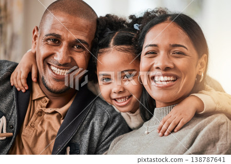 Happy, hug and portrait of a child with her parents in the living room of their family home. Happiness, smile and sweet girl kid holding her mother and father in the lounge of her modern house. Happy, hug and portrait of a child with her parents in the living room of their family home. Happiness, smile and sweet girl kid holding her mother and father in the lounge of her modern house. 138787641