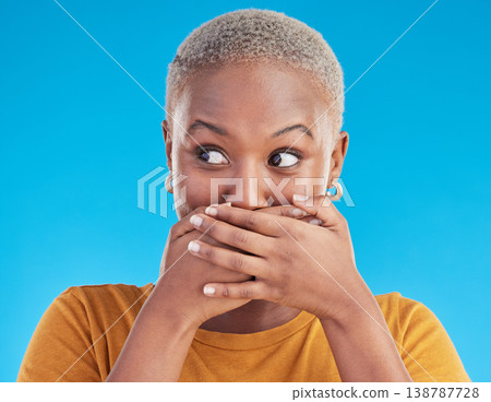 Gossip, wow or black woman shocked by secret, mistake or announcement in studio on blue background. Thinking, fake news or surprised girl with excited, wtf or omg expression with hands to cover mouth Gossip, wow or black woman shocked by secret, mistake or announcement in studio on blue background. Thinking, fake news or surprised girl with excited, wtf or omg expression with hands to cover mouth 138787728