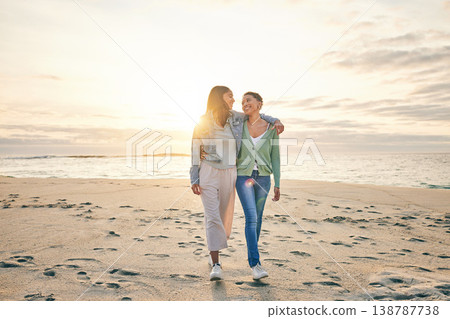 Love, beach and sunset, lesbian couple walking together on sand mockup, sunset holiday and hug on date. Lgbt women, bonding and relax on ocean vacation with romance, pride and happy nature travel. Love, beach and sunset, lesbian couple walking together on sand mockup, sunset holiday and hug on date. Lgbt women, bonding and relax on ocean vacation with romance, pride and happy nature travel. 138787738