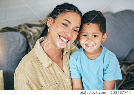 Portrait, happiness and family mother, child and home bonding, support and smile for motherhood, childhood and love. Lounge sofa, relax and face of mama, kid or people enjoy quality time in Spain Portrait, happiness and family mother, child and home bonding, support and smile for motherhood, childhood and love. Lounge sofa, relax and face of mama, kid or people enjoy quality time in Spain 138787744