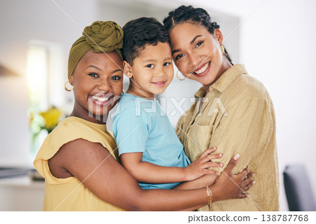 LGBT, child hug or portrait of happy family, non binary mama or transgender mom bonding, smile and care for young son. Lesbian love, home and face of gay people, mothers or women embrace adoption kid LGBT, child hug or portrait of happy family, non binary mama or transgender mom bonding, smile and care for young son. Lesbian love, home and face of gay people, mothers or women embrace adoption kid 138787768