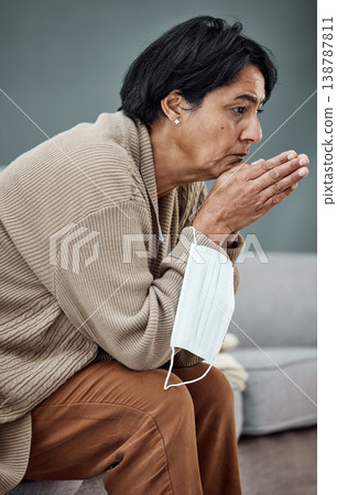 Sad, thinking and senior woman on sofa with depression or mental health in a home. Covid, anxiety or an elderly sick person on the living room couch with an idea or retirement fatigue in the morning Sad, thinking and senior woman on sofa with depression or mental health in a home. Covid, anxiety or an elderly sick person on the living room couch with an idea or retirement fatigue in the morning 138787811