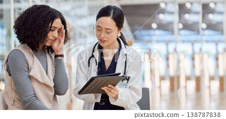Stress, results and a doctor with a woman and tablet for healthcare advice, medical news or problem. Sad, talking and a surgeon speaking to a sick patient with technology and feedback on a test 138787838