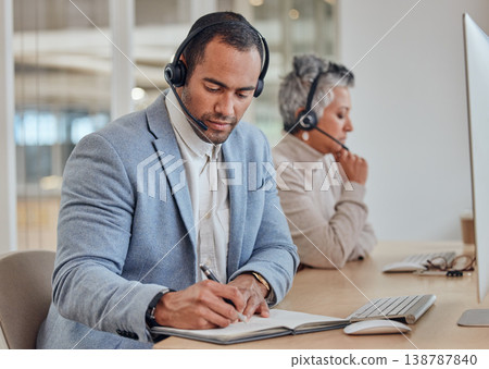Call center, notebook or man writing in customer service help desk consulting for telemarketing in office. Businessman, notes or consultant planning a schedule or calendar reminder with headset Call center, notebook or man writing in customer service help desk consulting for telemarketing in office. Businessman, notes or consultant planning a schedule or calendar reminder with headset 138787840