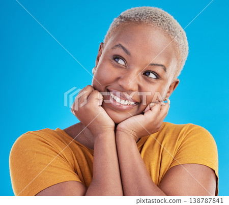 Thinking, happiness and black woman with inspiration, opportunity and choice on a blue studio background. Person, girl or model with problem solving, smile or decision with ideas, excited or solution Thinking, happiness and black woman with inspiration, opportunity and choice on a blue studio background. Person, girl or model with problem solving, smile or decision with ideas, excited or solution 138787841