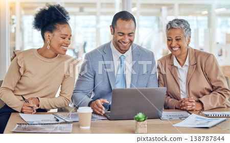 Happy business people, team and laptop discussion for advice, company update and planning ideas to review data online. Diversity, corporate group and office employees in collaboration on computer Happy business people, team and laptop discussion for advice, company update and planning ideas to review data online. Diversity, corporate group and office employees in collaboration on computer 138787844
