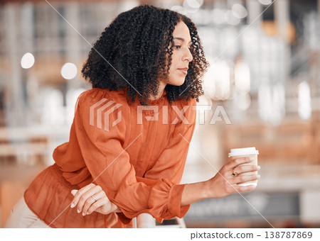 Business woman, thinking and coffee at work with focus, mindset and concentration at office. Profile of an african female entrepreneur with cup to dream of opportunity, ideas and vision for career Business woman, thinking and coffee at work with focus, mindset and concentration at office. Profile of an african female entrepreneur with cup to dream of opportunity, ideas and vision for career 138787869