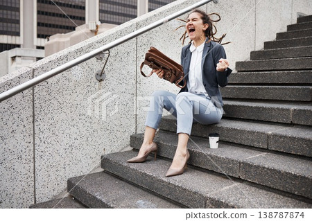 Anger, shouting and business with woman in city for unemployment, job loss and crisis. Problem, stress and fear with female employee screaming in outdoors for mental health, frustrated and failure Anger, shouting and business with woman in city for unemployment, job loss and crisis. Problem, stress and fear with female employee screaming in outdoors for mental health, frustrated and failure 138787874