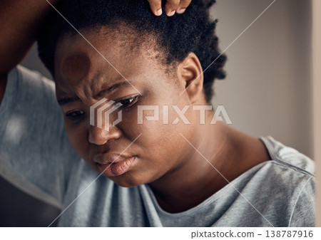 Sad, thinking and a black woman with depression in a house with anxiety or a mental health idea. Home, anxiety and an African girl or person with vision of life while frustrated from a mistake 138787916