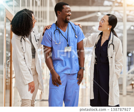 Doctors, hospital and healthcare team laughing together with teamwork, motivation and collaboration. Diversity, happy and professional man and women with support, funny joke and career in medicine 138787927