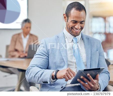 Business man, tablet and happy for data analytics, stock market growth and investment news online. Corporate person on digital technology for trading, financial meeting with graphs and statistics Business man, tablet and happy for data analytics, stock market growth and investment news online. Corporate person on digital technology for trading, financial meeting with graphs and statistics 138787979