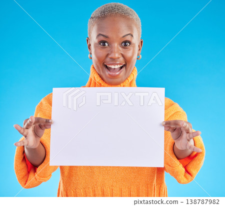 Black woman, blank poster and studio portrait with surprise face, mockup space and excited by blue background. African gen z girl, student and paper billboard for promotion, branding and wow for deal Black woman, blank poster and studio portrait with surprise face, mockup space and excited by blue background. African gen z girl, student and paper billboard for promotion, branding and wow for deal 138787982