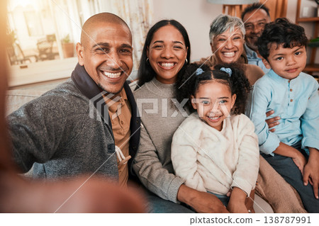 Selfie, generations and smile in portrait on couch, bonding with love and care at family home. Happy people in living room, grandparents and parents with children smile in picture with memory Selfie, generations and smile in portrait on couch, bonding with love and care at family home. Happy people in living room, grandparents and parents with children smile in picture with memory 138787991