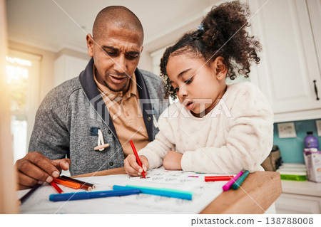 Education, math and father teaching kid creative homework, education and remote learning in a home kitchen together. Childcare, academic and dad or parent support kid, daughter or girl with coloring Education, math and father teaching kid creative homework, education and remote learning in a home kitchen together. Childcare, academic and dad or parent support kid, daughter or girl with coloring 138788008