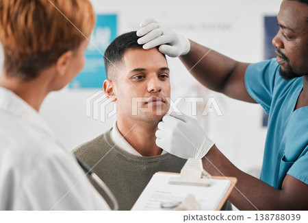 Doctor, nurse and patient, healthcare and test with people in hospital, check vitals with wellness in medicine. Medical exam, men and woman in clinic, checklist with health insurance and consultation Doctor, nurse and patient, healthcare and test with people in hospital, check vitals with wellness in medicine. Medical exam, men and woman in clinic, checklist with health insurance and consultation 138788039