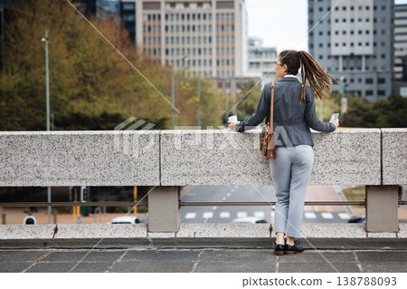 Business woman, city rooftop and thinking with ideas, vision and planning for future, career or life goal. Female entrepreneur, dream and brainstorming with choice, decision or mindset in metro cbd 138788093