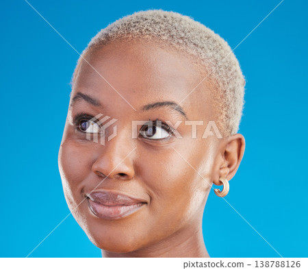 Black woman, headshot and thinking with inspiration, decision and ideas isolated on blue background. Female person, African and question with vision, future and remember with dream in a studio Black woman, headshot and thinking with inspiration, decision and ideas isolated on blue background. Female person, African and question with vision, future and remember with dream in a studio 138788126