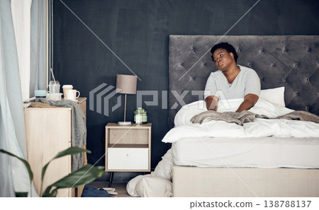 Anxiety, bed and black woman with depression, tired and stress with fatigue, insomnia and thinking. Trying to sleep, home and African girl depressed, anxious and sad with mental health and exhausted Anxiety, bed and black woman with depression, tired and stress with fatigue, insomnia and thinking. Trying to sleep, home and African girl depressed, anxious and sad with mental health and exhausted 138788137