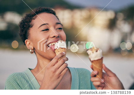 Woman, eating ice cream and beach with smile, thinking and memory for sweets, treat and cone on summer vacation. African girl, gelato and happy for dessert, food or candy by ocean for holiday outdoor Woman, eating ice cream and beach with smile, thinking and memory for sweets, treat and cone on summer vacation. African girl, gelato and happy for dessert, food or candy by ocean for holiday outdoor 138788139