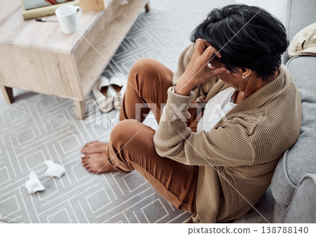 Stress, divorce or sad woman with depression, anxiety or mental health problem in house living room. Worry, cry or tired person thinking of broken heart, loss or stress from emotional grief at home Stress, divorce or sad woman with depression, anxiety or mental health problem in house living room. Worry, cry or tired person thinking of broken heart, loss or stress from emotional grief at home 138788140