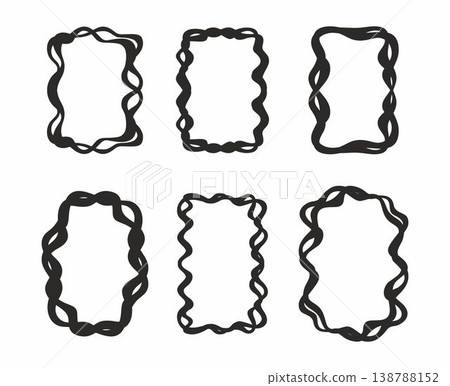 Set of double rectangle frames with wavy edges. Rectangular shapes with wiggly borders. Picture or photo frames, empty text boxes, tags, labels isolated on white background 138788152