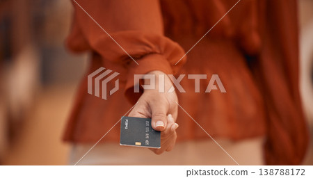 Person hand, credit card and offer of payment, finance e commerce and point of sale, retail or fashion store. Debit, banking and investment of customer closeup for clothes shopping at POS transaction Person hand, credit card and offer of payment, finance e commerce and point of sale, retail or fashion store. Debit, banking and investment of customer closeup for clothes shopping at POS transaction 138788172