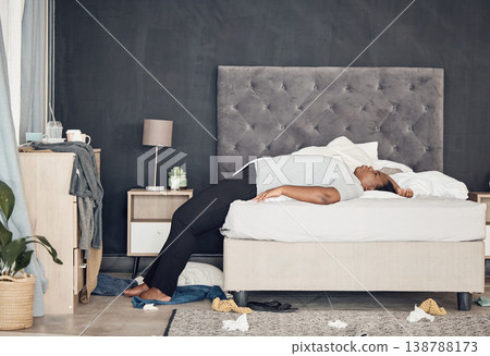 Sleeping, bed and black woman with depression, burnout or anxiety from broken heart or divorce at home. Sad, insomnia or tired person worried by stress or disaster of death or frustrated by breakup Sleeping, bed and black woman with depression, burnout or anxiety from broken heart or divorce at home. Sad, insomnia or tired person worried by stress or disaster of death or frustrated by breakup 138788173