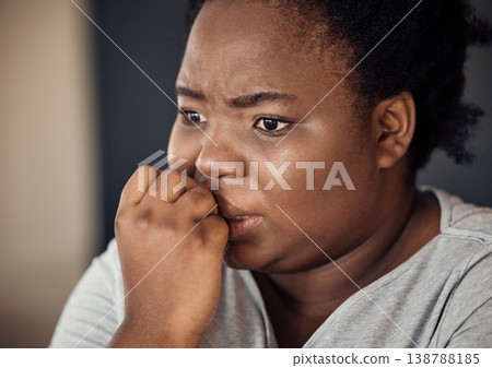 Nervous, scared and black woman with stress, anxiety or trauma from broken heart or divorce at home. Fear, biting nails or face of person worried by loss or disaster of death or frustrated by crisis Nervous, scared and black woman with stress, anxiety or trauma from broken heart or divorce at home. Fear, biting nails or face of person worried by loss or disaster of death or frustrated by crisis 138788185