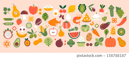 Big set of fruits, vegetables, berries, meat and fish icons. Fresh organic and natural food, different farm products, autumn harvest. Flat isolated hand drawn elements for design. Vector illustration. Big set of fruits, vegetables, berries, meat and fish icons. Fresh organic and natural food, different farm products, autumn harvest. Flat isolated hand drawn elements for design. Vector illustration. 138788187