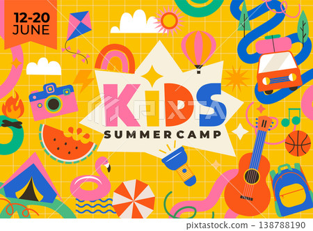 Kids Summer camp bright banner. Childish background with symbols of active camping - tent, backpack, guitar, campfire, watermelon. Adventure poster, flyer,kids education and outdoor activities. Vector 138788190