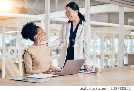 Business women, laptop and advice, support or teamwork, collaboration and planning in office for marketing company. Happy, diversity and professional people talking, employee management and coworking Business women, laptop and advice, support or teamwork, collaboration and planning in office for marketing company. Happy, diversity and professional people talking, employee management and coworking 138788201