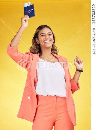 Excited, ticket and portrait of a woman with a passport on a studio background for travel. Smile, flight and a young girl with documents, ID or a boarding pass for a holiday or vacation on backdrop 138788209